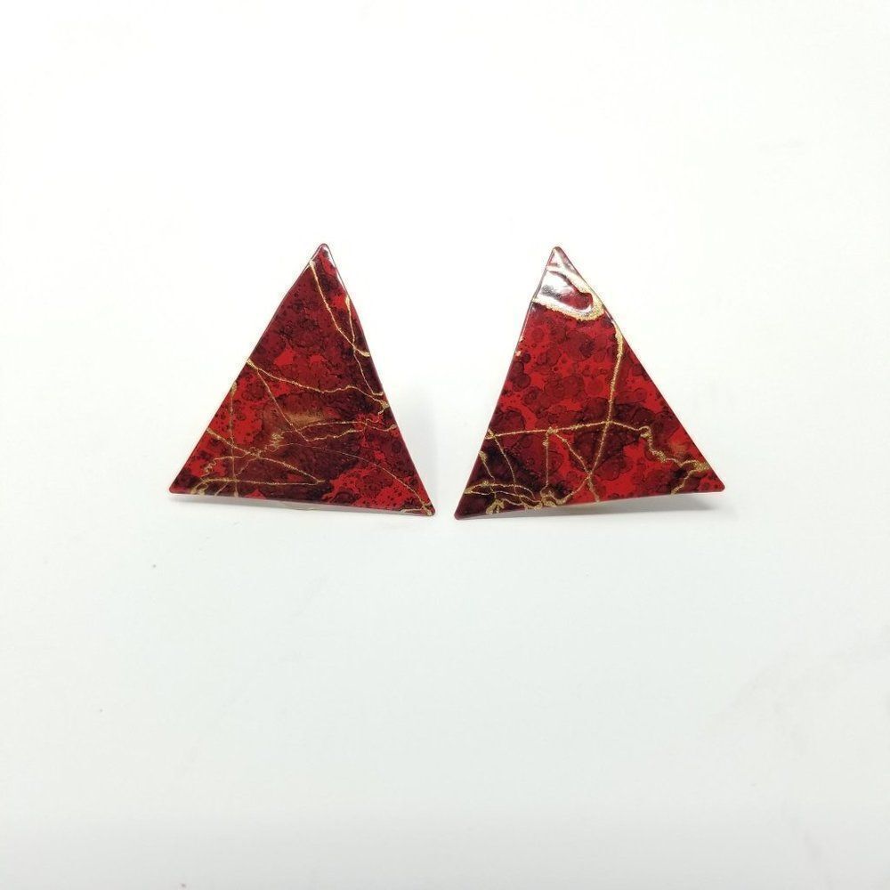 Vintage Red Enamel Triangle Post Earrings, Retro 80s Splatter Design Studs